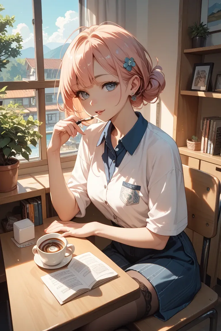 AI生成のカフェタイムの女の子